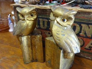 Vintage Cast Iron OWL Bookends Metal Owls Book End Set Gold 2