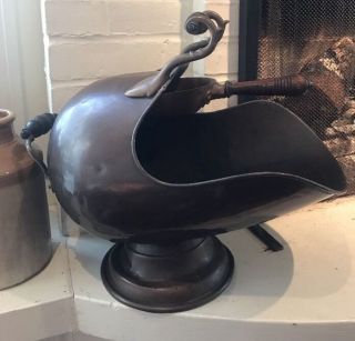 Antique Copper Brass Hearth " Helmet " Fireplace Ash Scuttle Wood Handles