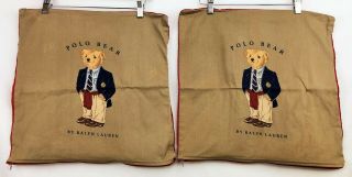 Set Of 2 Vintage Ralph Lauren Polo Bear Canvas Square Pillowcases 18 " X 18 "