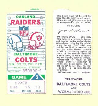 1973 Oakland Raiders Vs Baltimore Colts Ticket Stub At Memorial Stadium