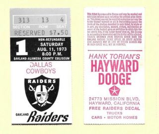 1973 Oakland Raiders Vs Dallas Cowboys Ticket Stub At The Oakland Coliseum