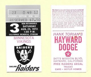 1973 Oakland Raiders Vs Minnesota Vikings Ticket Stub At The Oakland Coliseum