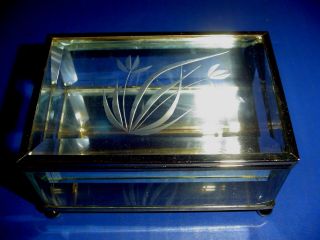 Vintage Rectangular Brass And Beveled Glass Display / Trinket Box Etched