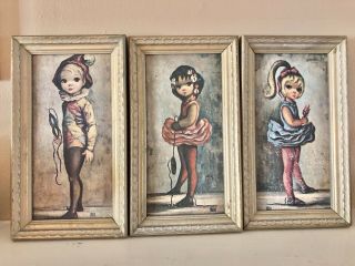 Vintage Maio Big Eyes Ballerinas Set Of 3 Prints Lithographs Framed Kitsch 4x8”