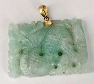 Vintage Solid 14k Yellow Gold Chinese Carved Green Jade Jadeite Dragon Pendant