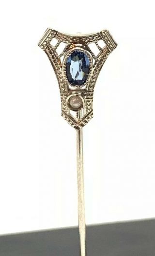 Antique Victorian Osterby Barton Stick Pin Hat Pin 10k White Gold Sapphire Filig