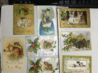 8 Vintage & Antique Post Cards With Cats,  7 Christmas,  1 Fort Plain