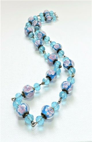 Vintage Encased Blue With Pink Flowers Lampwork Art Glass Bead Necklace Oc19250