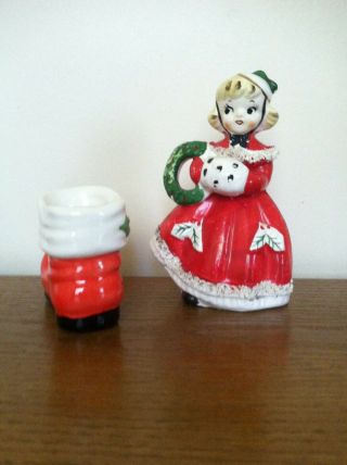 Vintage Ceramic Lady With Christmas Dress Made In Japan & Santa Boots