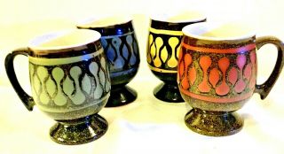 Set 4 Mid Century Modern Glazed Pottery Coffee Mug Irish Coffee Cup Retro