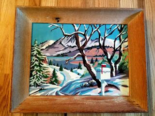 Vintage Paint By Number Winter Landscape Scene Mountains Snow Wood Framed Retro