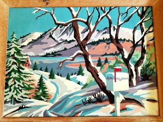Vintage Paint By Number Winter Landscape Scene Mountains Snow Wood Framed Retro 2