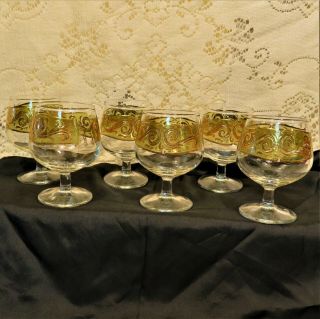 6 Pc.  Mid - Century Modern Culver Green Gold Scroll Brandy Glass Snifter 4 "