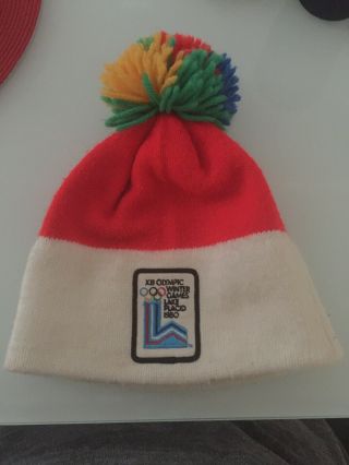 Vintage 1980 Xii Olympic Winter Games Lake Placid Knit Beanie Winter Hat Pom