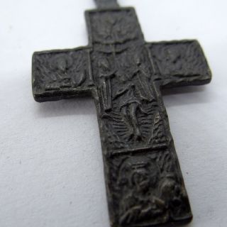 Russian Orthodox Ancient Artifact Bronze Cross Double Sides With Scene