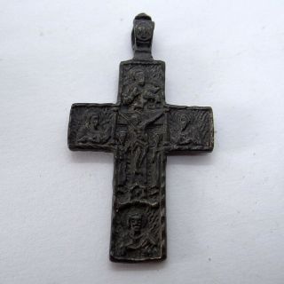 RUSSIAN ORTHODOX ANCIENT ARTIFACT BRONZE CROSS DOUBLE SIDES WITH SCENE 2