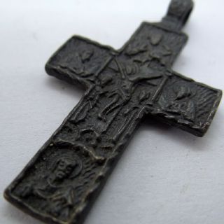 RUSSIAN ORTHODOX ANCIENT ARTIFACT BRONZE CROSS DOUBLE SIDES WITH SCENE 3