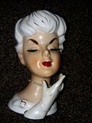 Vintage Napco Lady Head Vase Pearl Necklace Shut Eyes White Glove