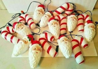 Vtg Santa Head And Candy Cane Blow Mold String Lights Empire Corp 1995