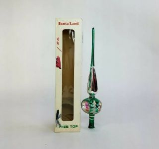 Vtg Green Pink Santa Land Hand Blown Painted Triple Indent Tree Top Boxed Poland 3