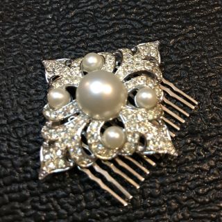 White Pearl Wedding Hair Clip Crystal Rhinestone Flower Comb Antique Vintage Big