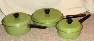 Vintage Olive Green Stainless Cookware 6 Piece Set Of Pots And Pans & Lids