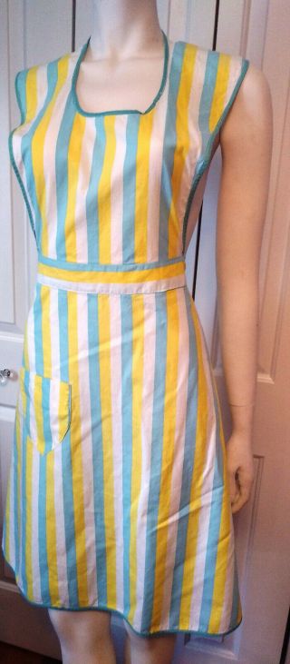 Vintage Hand Made Turquoise Yellow White Striped Full Apron