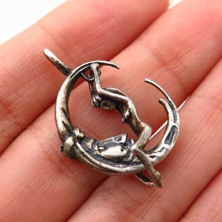 925 Sterling Vintage Erotic Theme Girl Riding On A Crescent Moon Face Pendant