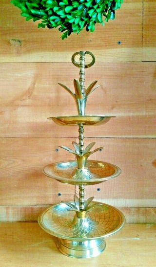Vintage Mid - Century Modern Brass Pineapple 3 - Tier Serving Tray Dish Gorgeous 14 "