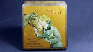 1910s Horseloving & Smoking Lady Tilly Golden Pocket Cigarillos Tobacco Tin