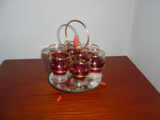 Vintage Retro Set Of 6 Shot Glasses With Mirrored Stand