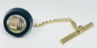 Antique Micro - Mosaic Roman Pantheon Fine 14k Yellow Gold Tie Tack With Chain