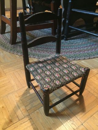 Mid 19th Century Childs Ladder Back Doll Chair Tapestry & Ticking Seat