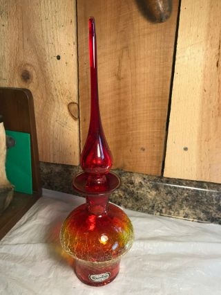 Vintage Rainbow Crackle Art Glass Decanter With Flame Stopper