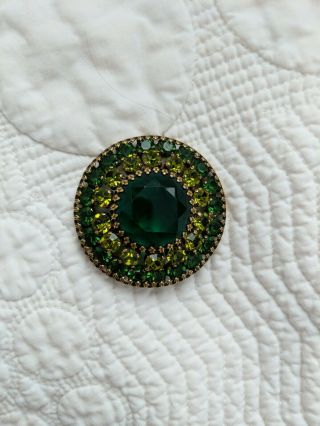 Vintage Gold Tone Weiss Round Pin Brooch With Prism Cut Created Green Stones