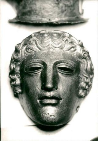 Vintage Photograph Of Face Mask In Silver - Plated Bronze Is On Display At The Exh