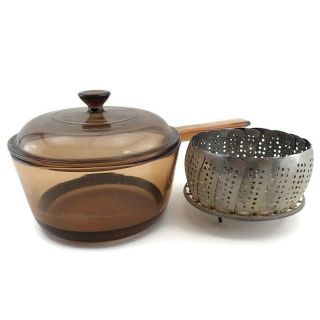 Corning Ware Amber Visions 1.  5l Covered Saucepan Glass Pot Steamer Basket Vtg