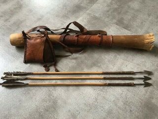 Vintage Antique Old Native Tribal African Quiver,  Pouch,  3 Arrows