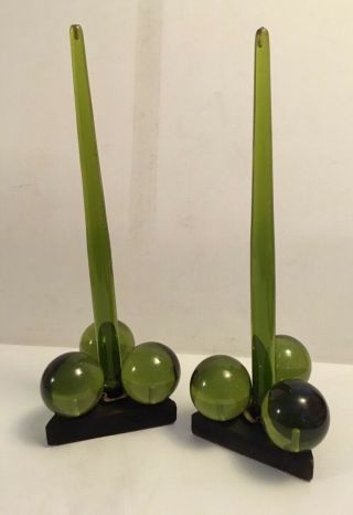 Mid Century Modern Green Lucite Ball Candle Holders And Candles Retro 50,  60s