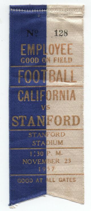 1957 College Football Ribbon Stanford Vs California " Big Game "