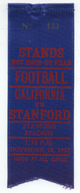 1967 College Football Ribbon Stanford Vs California " Big Game "