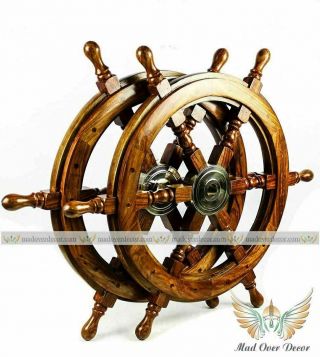 Antique 18 " Brass Nautical Set Of 2 Wooden Ship Wheel Vintage Captain Pirate