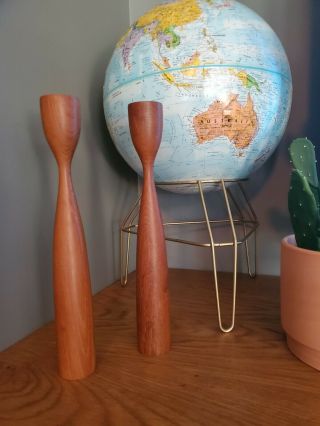 Vintage Mid Century Modern Dutch Teak Wood Tulip Candlestick Pair Set