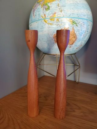 Vintage Mid Century Modern Dutch Teak Wood Tulip Candlestick Pair Set 2