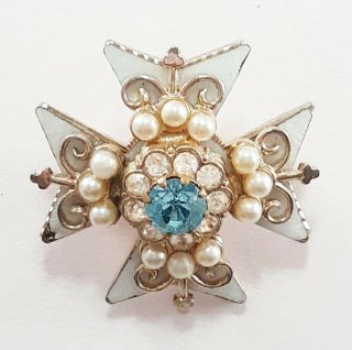 Vintage Signed Coro Faux Pearls Blue Clear Rhinestones Maltese Cross Brooch Pin