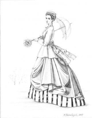 5x7 Elegant Lady Sketch Art Print Antique Vintage Style Ryta Fashion Dress Woman