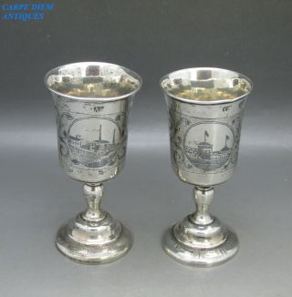 Antique Pair Imperial Russian Solid Silver & Niello Vodka Cups 80g Moscow C1865