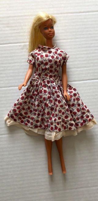 Vintage 1966 Mattel Barbie Doll Blonde Hair Bendable Knees Blue Eyes With Dress