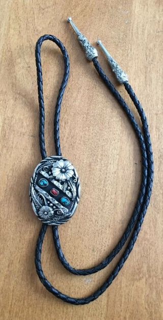 Vintage S.  S.  I.  Usa Bolo Tie Silver W/ Turquoise & Coral Stones