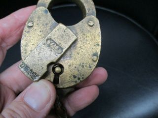 ANTIQUE/ VINTAGE YALE PADLOCK BRASS LOCK with chain Railroad Style NO Key 3
